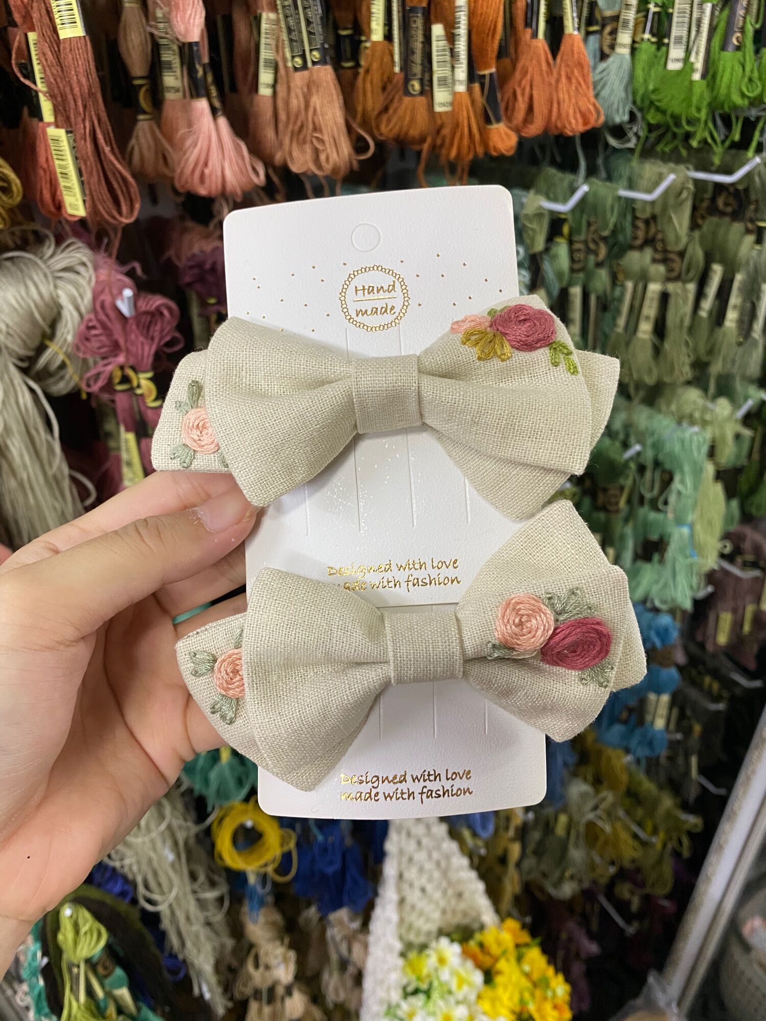 Nơ Kẹp tóc - Cặp tóc Buộc tóc  thêu tay vải linen (handmade by Pong)