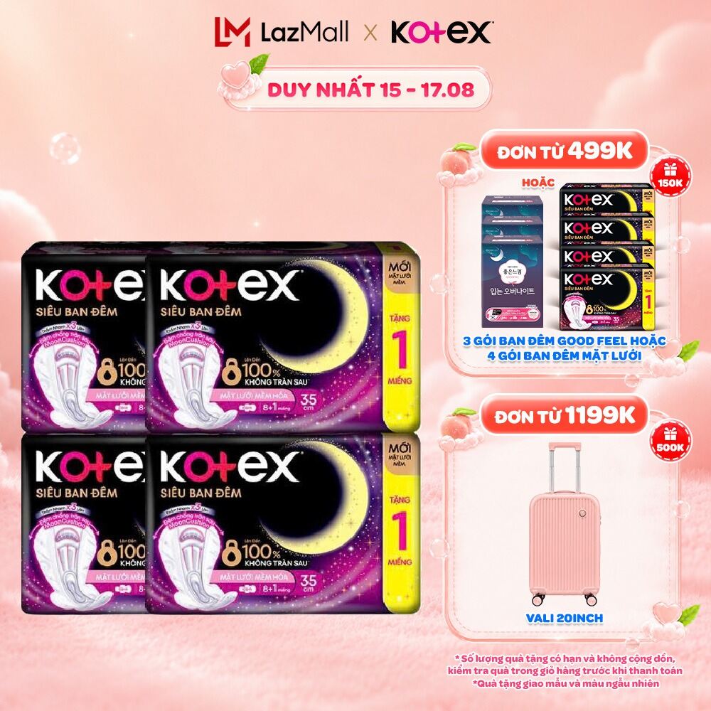 Combo 4 hoặc 8 Gói Băng Vệ Sinh Kotex Siêu Ban Đêm Mặt Lưới 35CM (8+1) miếng