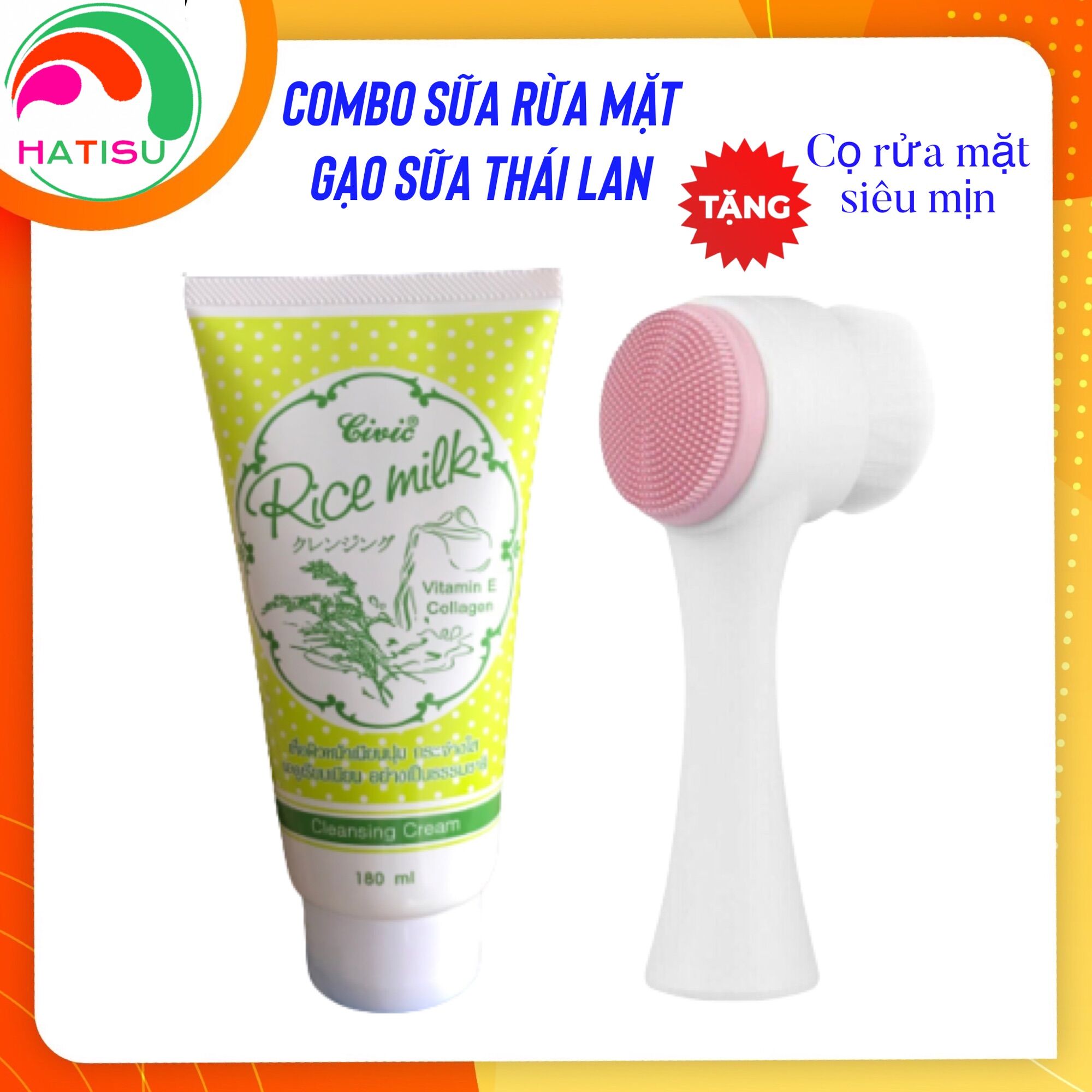 Combo sữa rửa mặt gạo sữa thái lan tặng cọ rửa mặt siêu mịn hatisu