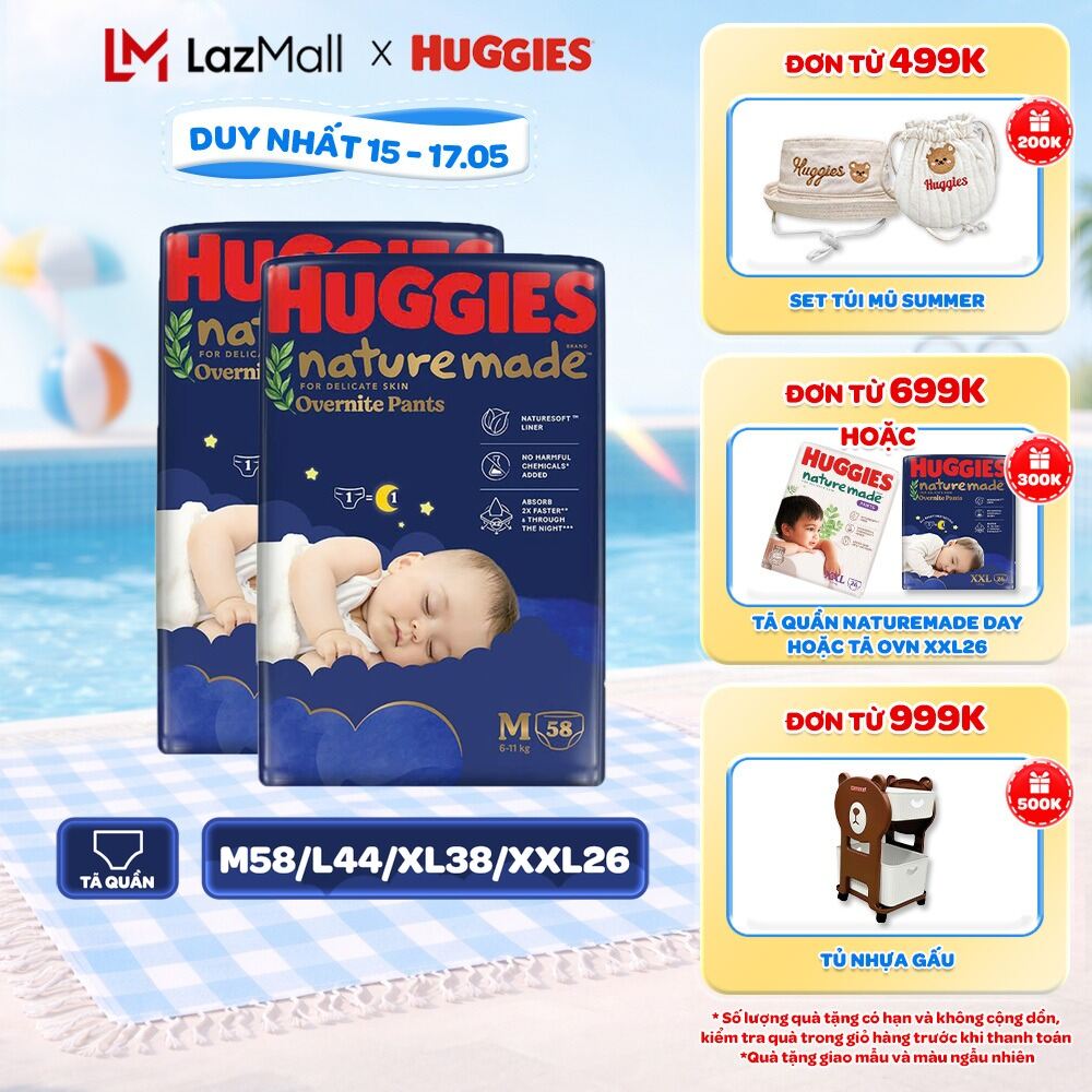 Combo 2 Tã quần Huggies Naturemade ban đêm M58/L44/XL38/XXL26