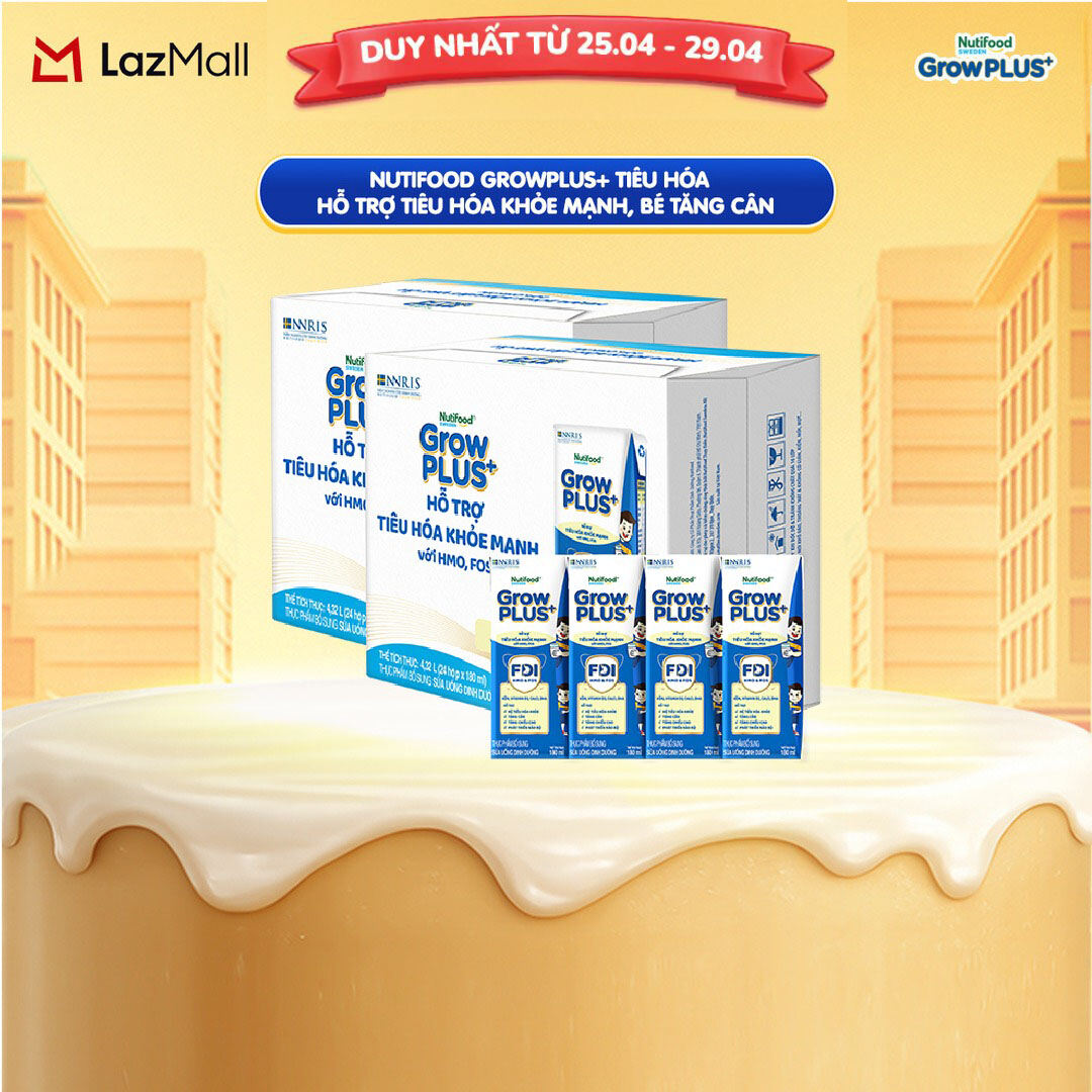 Sữa bột pha sẵn Nutifood Sweden GrowPLUS+ Tiêu Hóa (Xanh Nhạt) - Hỗ trợ tiêu hóa khỏe mạnh, bé tăng cân (48 hộp x 180ml)