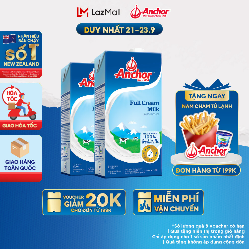 [GIAO HÀNG HỎA TỐC - HCM] Combo 2 Sữa Tươi Tiệt Trùng Anchor Nguyên Kem Hộp 1 Lít