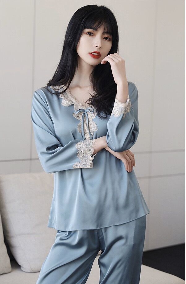 Bộ đồ lụa mặc ngủ, mặc nhà phối ren cao cấp- C98