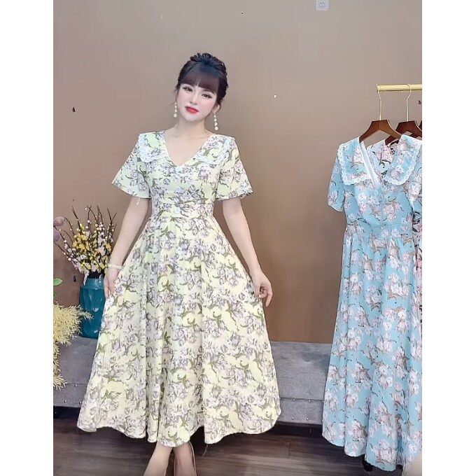 Đầm maxi hoa cổ V ren dáng xòe Monoco