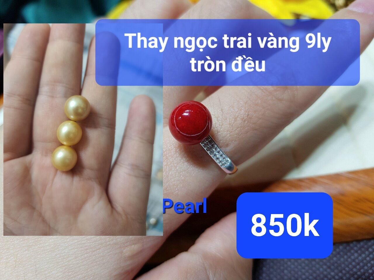 Nhẫn bạc freesize ngọc trai thật màu vàng nhạt 9ly tròn đều