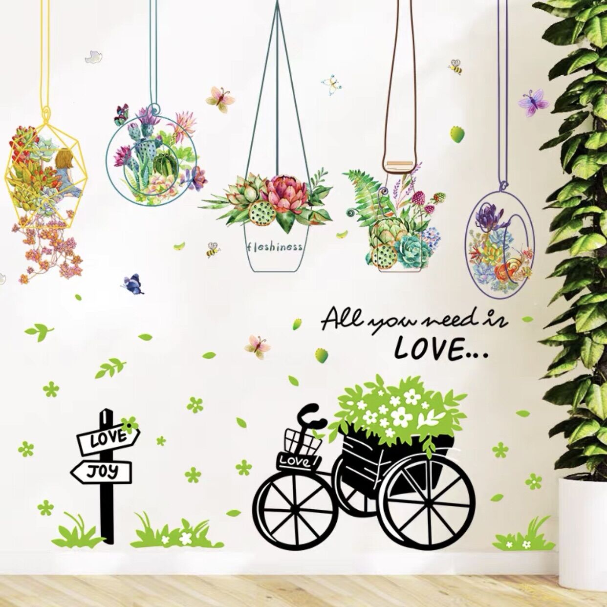 Tranh dán tường, Decal dán tường giỏ hoa và xe đạp xanh