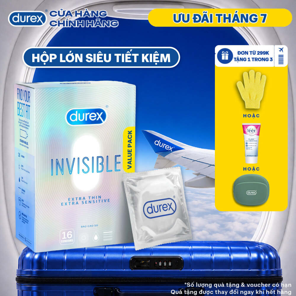 Bao Cao Su Durex Invisible Siêu Mỏng, Size 52 mm, Hộp 16 Bao Mới Ra Mắt - Hộp Lớn Siêu Tiết Kiệm