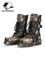 Camo Punk Rock Metal Style Elevating Thick Sole Martin Boots