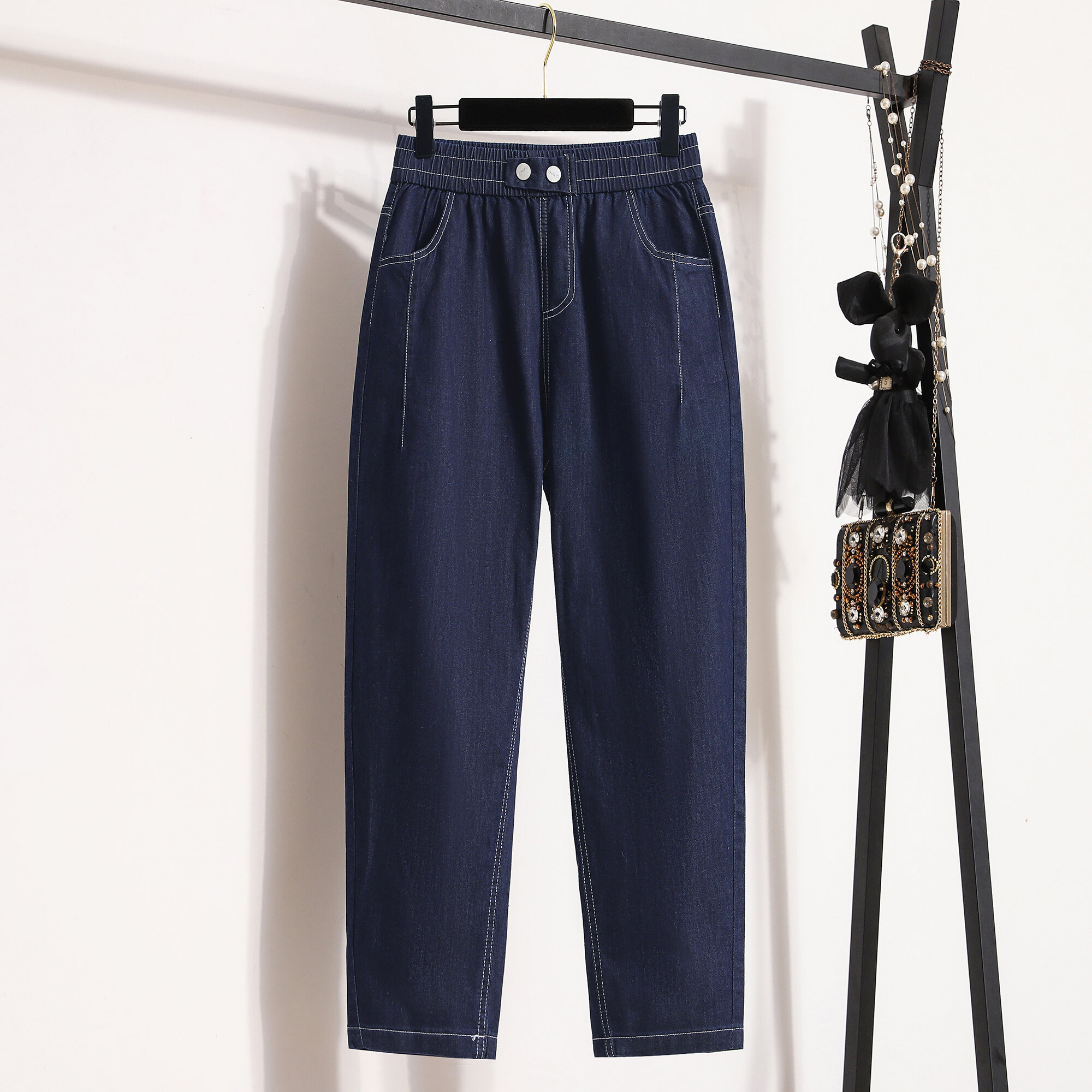 Quần Bò Harem Cỡ Lớn Quần Bố Chín Tấc Cạp Chun Ống Rộng Rộng Rãi Tôn Dáng Gầy Cạp Cao Cho Cô Nàng Mập Mẫu Mới Cho Nữ Sành Điệu