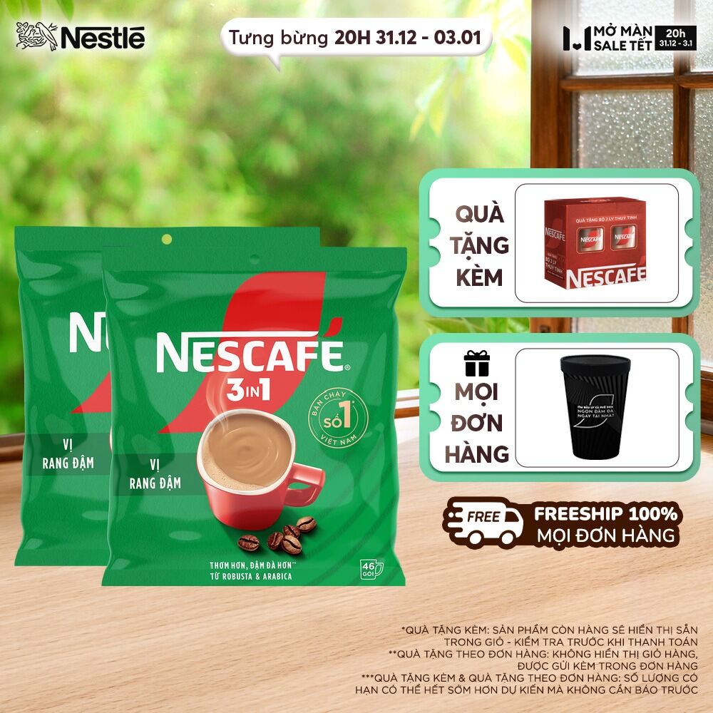 ƯU ĐÃI THÁNG 1 FREESHIP HCM Combo 2 Bịch NESCAFÉ 3IN1 Công thức cải tiến - VỊ RANG ĐẬM 46 gói