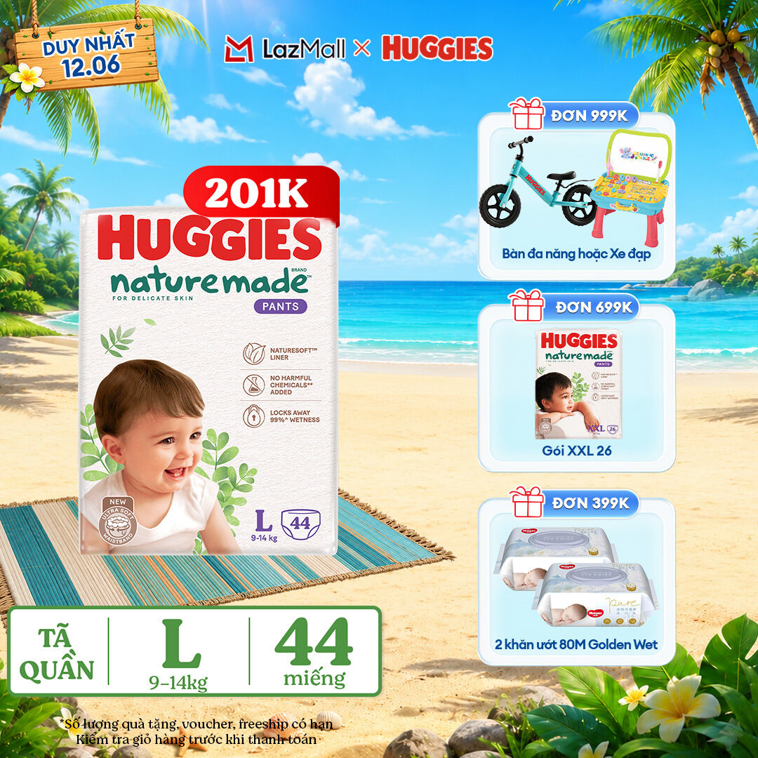 [Chỉ 22-24.06 QUÀ TẶNG ĐƠN 399K](Mua 1 tặng 1) Tã/Bỉm quần HUGGIES PLATINUM NatureMade L44 (9-14kg)-Gói Jumbo 44 miếng