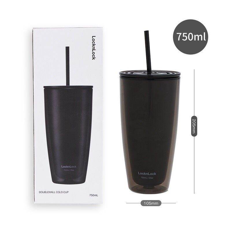 - ly nhựa 2 lớp kèm ống hút lock & lock màu đen 750ml