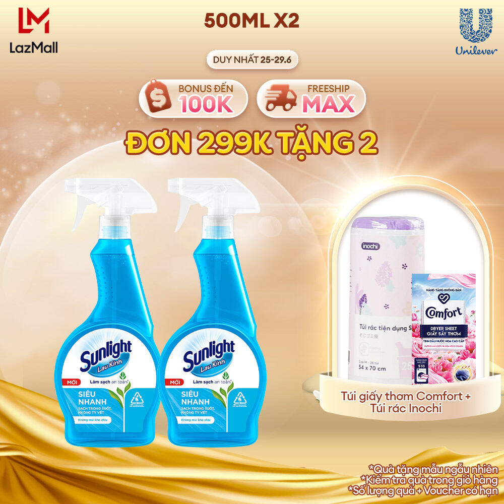 Combo 2 Nước lau kính Sunlight Siêu nhanh | Phiên bản nâng cấp từ Cif | Sạch trong suốt, không tỳ vết | Chai 520ml