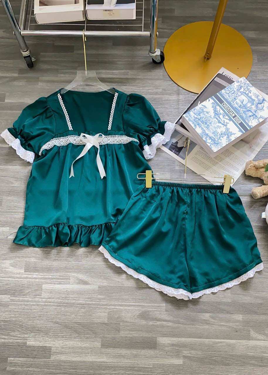 Đồ bộ tiểu thư phối ren chất satin lụa mặc nhà mát