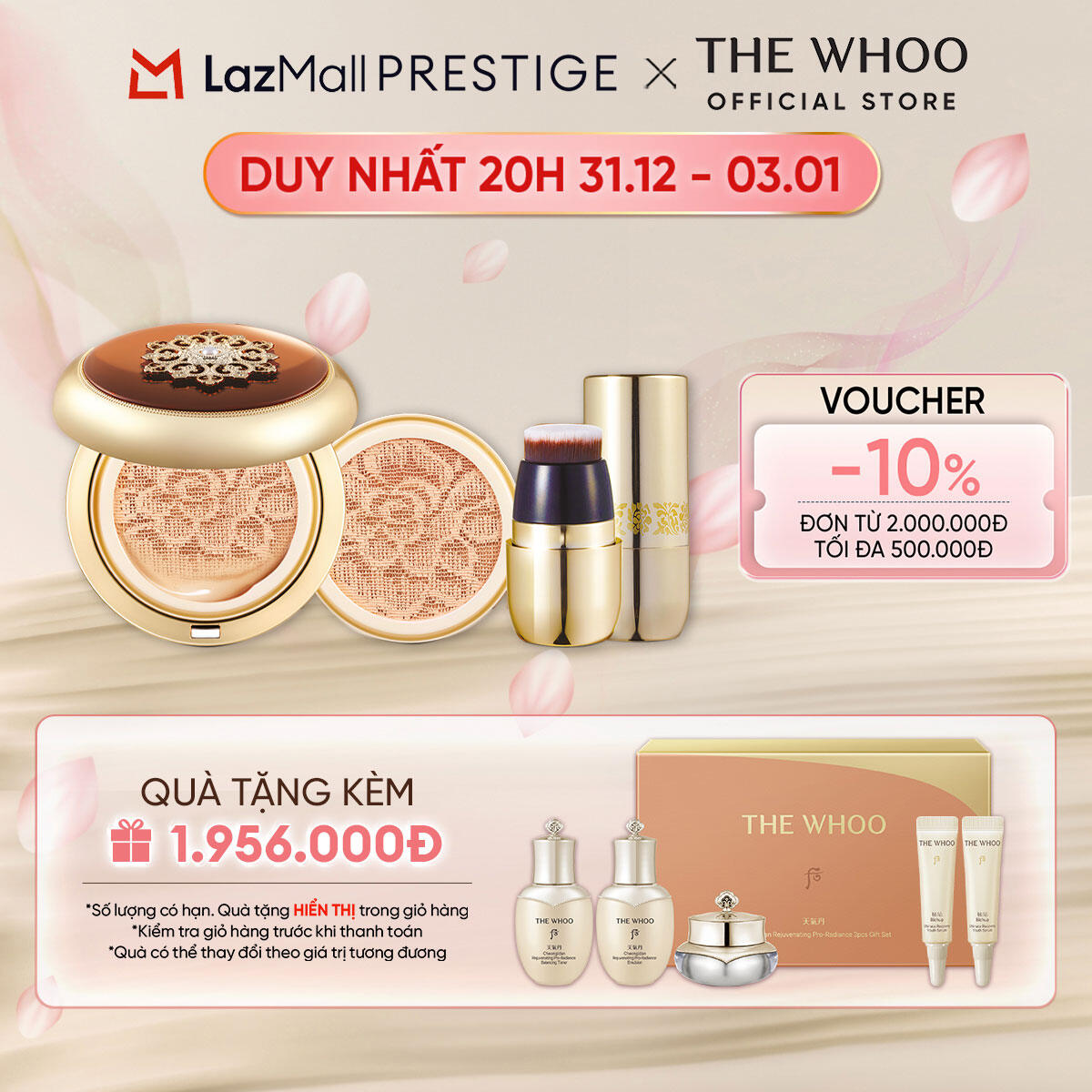   THE WHOO OFFICIAL   Tặng kèm 1 lõi 15g  Phấn nước trang điểm chống nắng dưỡng trắng chống lão hóa Cheon Gi Dan Essence Cushion SPF50+ PA+++ 