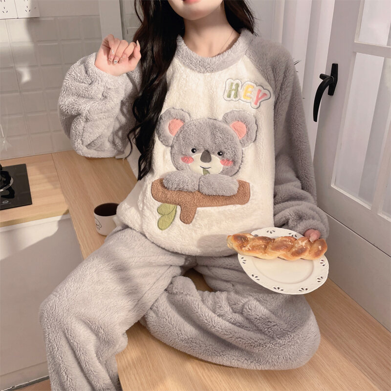 Bộ Đồ Ngủ Bằng Vải Nhung Coral Dày Dặn Mùa Thu Đông Cho Nữ Bộ Đồ Mặc Nhà Phong Cách Hoạt Hình Dễ Thương Bộ Đồ Ngủ Dài Tay Cổ Tròn