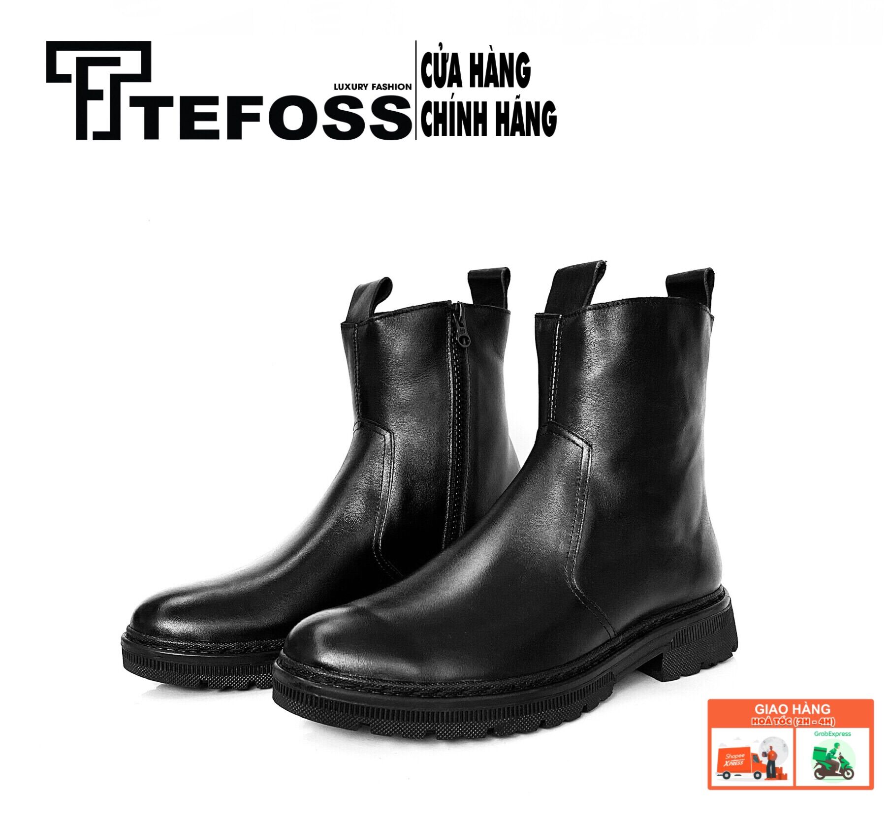 Giày nam chelsea boot cao cổ da bò thật tefoss ht605 khoá zip,đế khâu cao 5cm, size 38-45