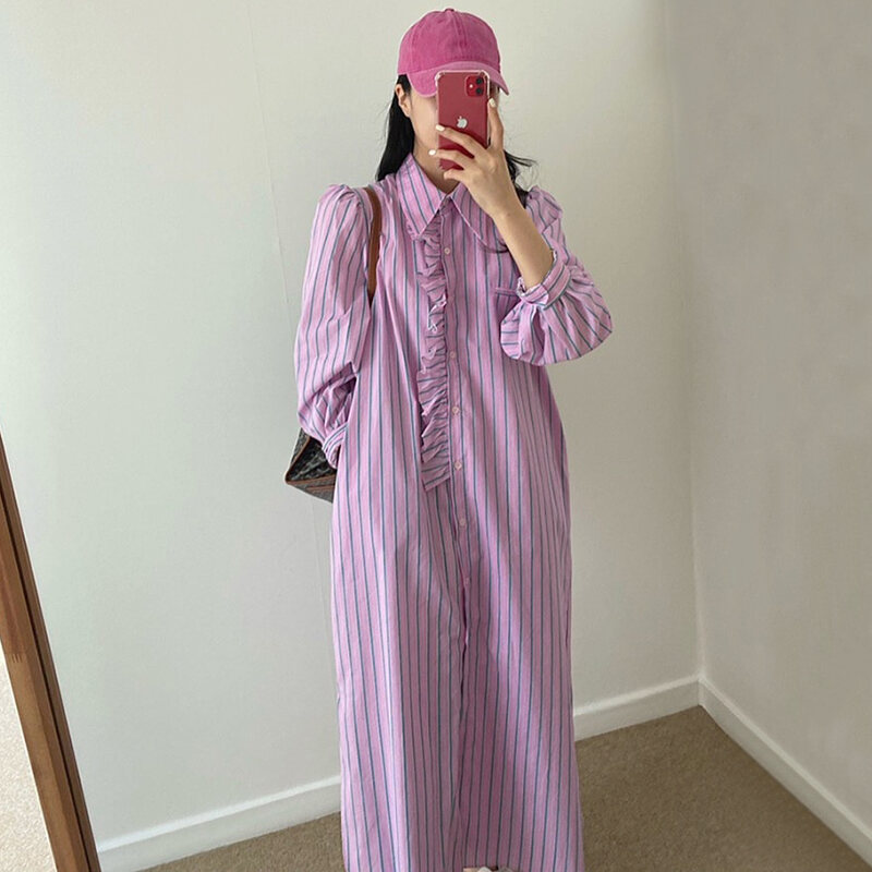 Rộng Rãi Tay Áo Bong Bóng Sọc Đầm Sơ Mi Nữ Sang Trọng, Lịch Sự Lật Tai Bằng Gỗ Có Thể Tháo Rời Cổ Áo Nút Đơn Phong Cách Hàn Quốc Quần Áo Làm Việc
