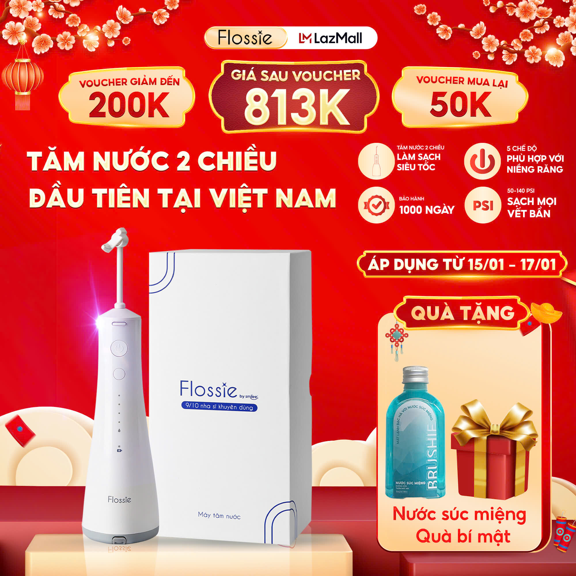 Tăm nước 2 chiều Flossie 5 chế độ, làm sạch mảng bám, hạn chế chảy máu chân răng, an toàn cho khoang miệng - Flossie chính hãng