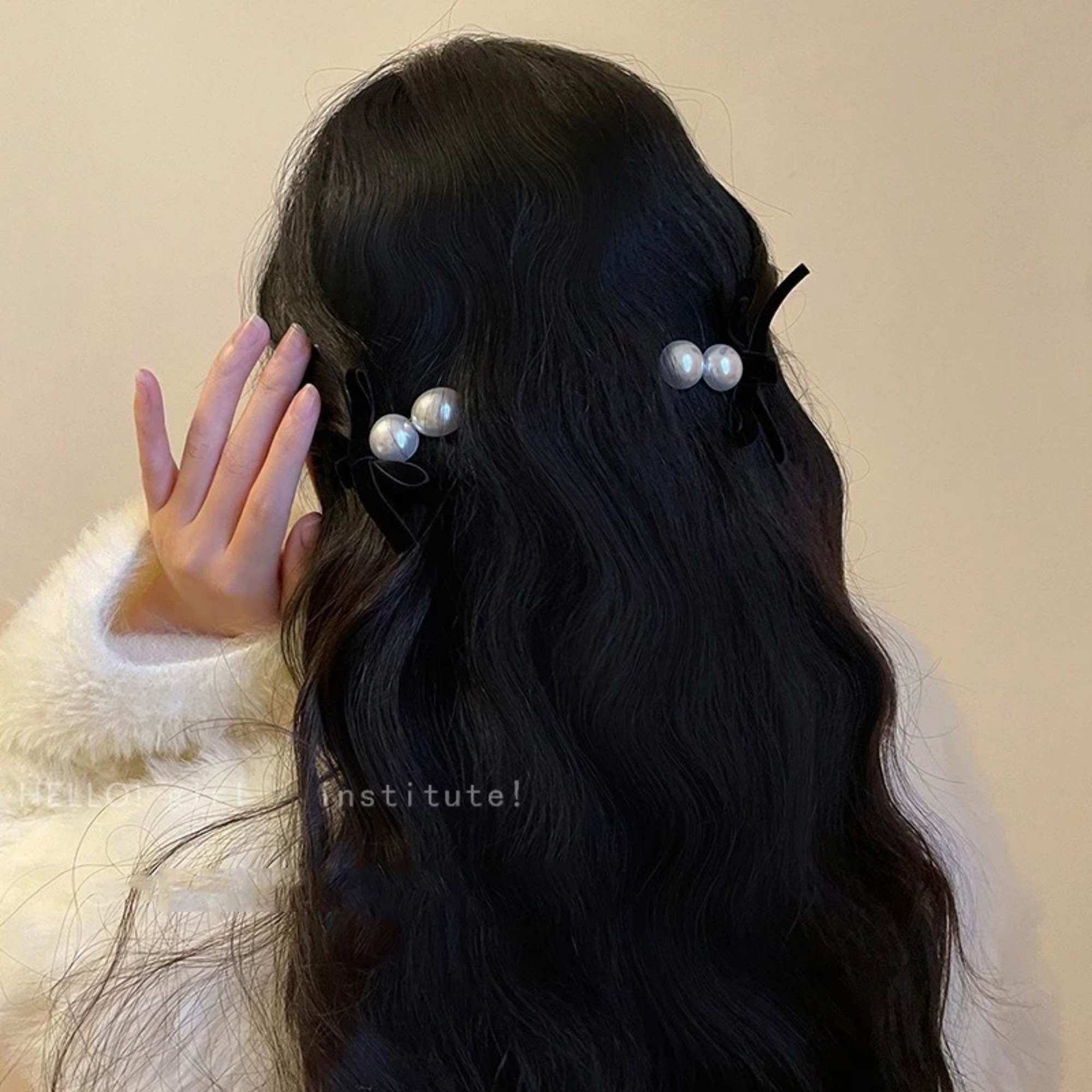 Velvet Bow Hair Clip with Beads for Women