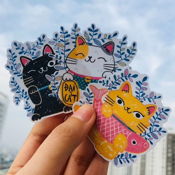 [HCM]-Bộ 3 Sticker/decal dán MÈO MAY MẮN - tiemtaphoacona