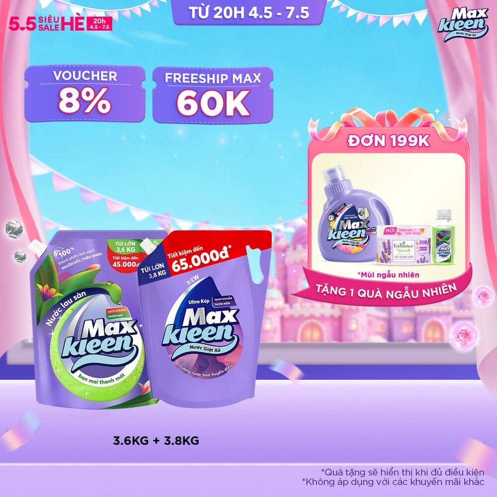 Combo Túi Nước Lau Sàn MaxKleen 3.6kg Ban Mai Thanh Mát + Túi Nước Giặt Xả MaxKleen 3.6kg/3.8kg (Hoa Nắng/Huyền Diêu/Vườn Sớm Mai/Thiên Nhiên)