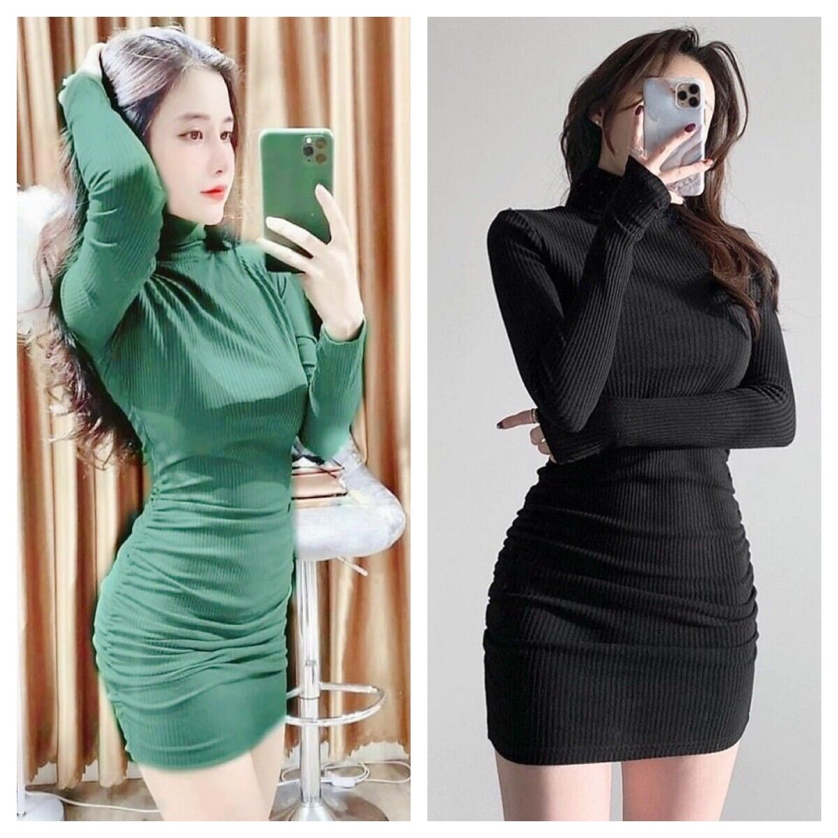 Đầm Body nữ mới váy ôm dài tay cổ cao nhún eo solashop