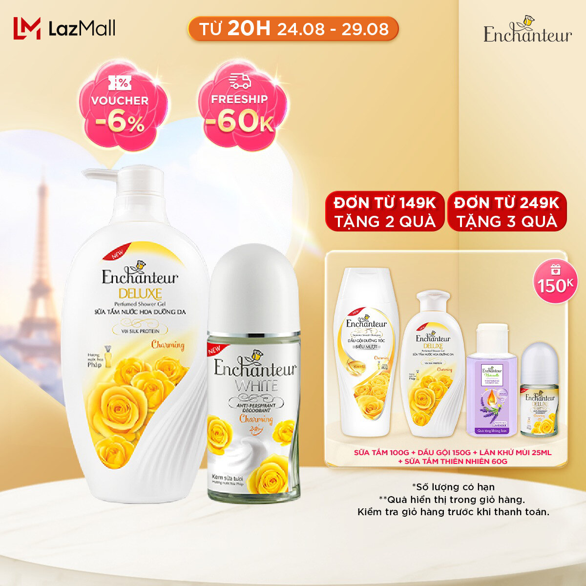 Combo Enchanteur Sữa Tắm Nước Hoa Dưỡng Da Charming 650G và Lăn khử mùi trắng da Enchanteur Charming 50ml