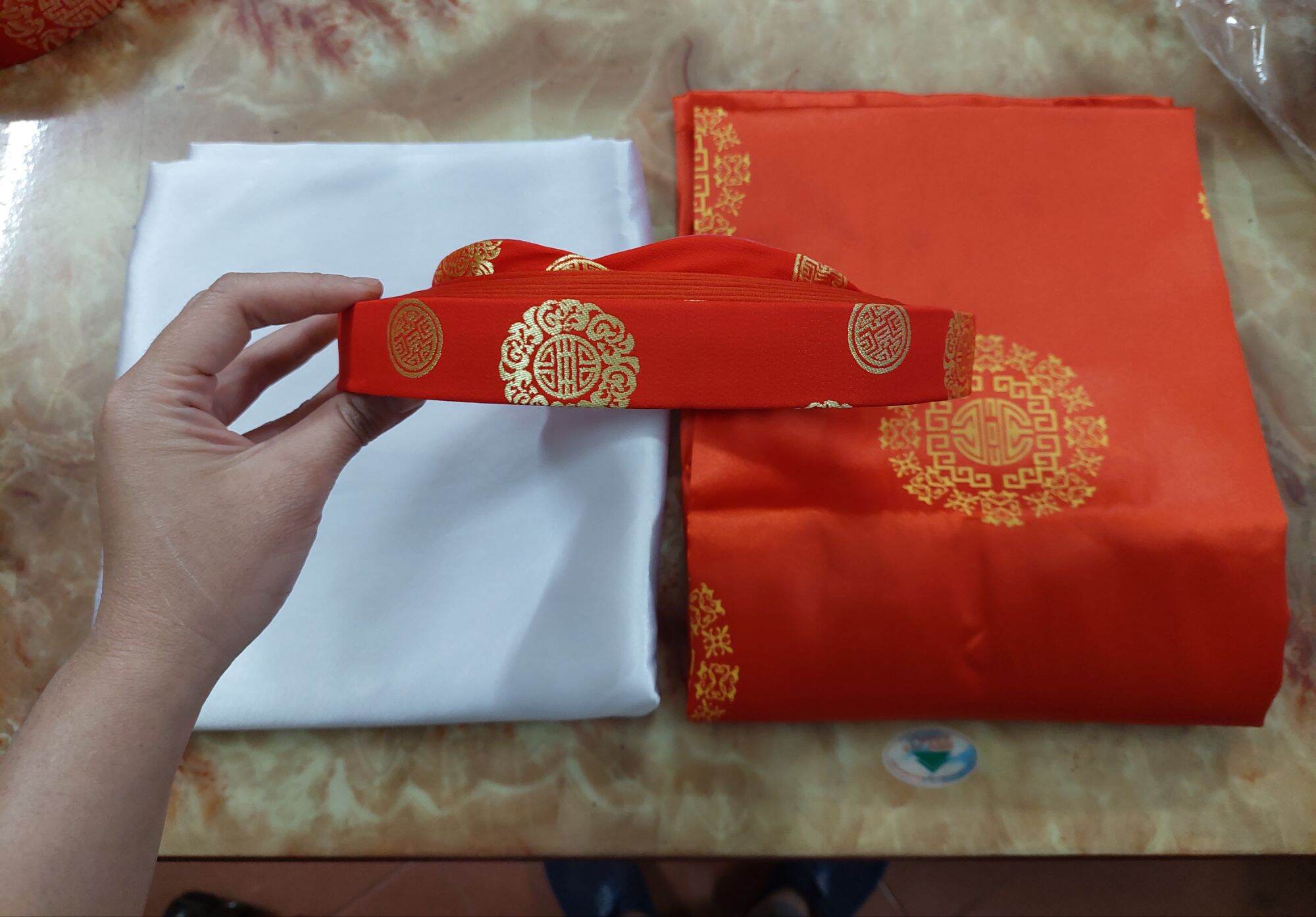 BỘ ÁO CHỮ THỌ ĐỎ (chữ thọ in) dàn cho ông bà