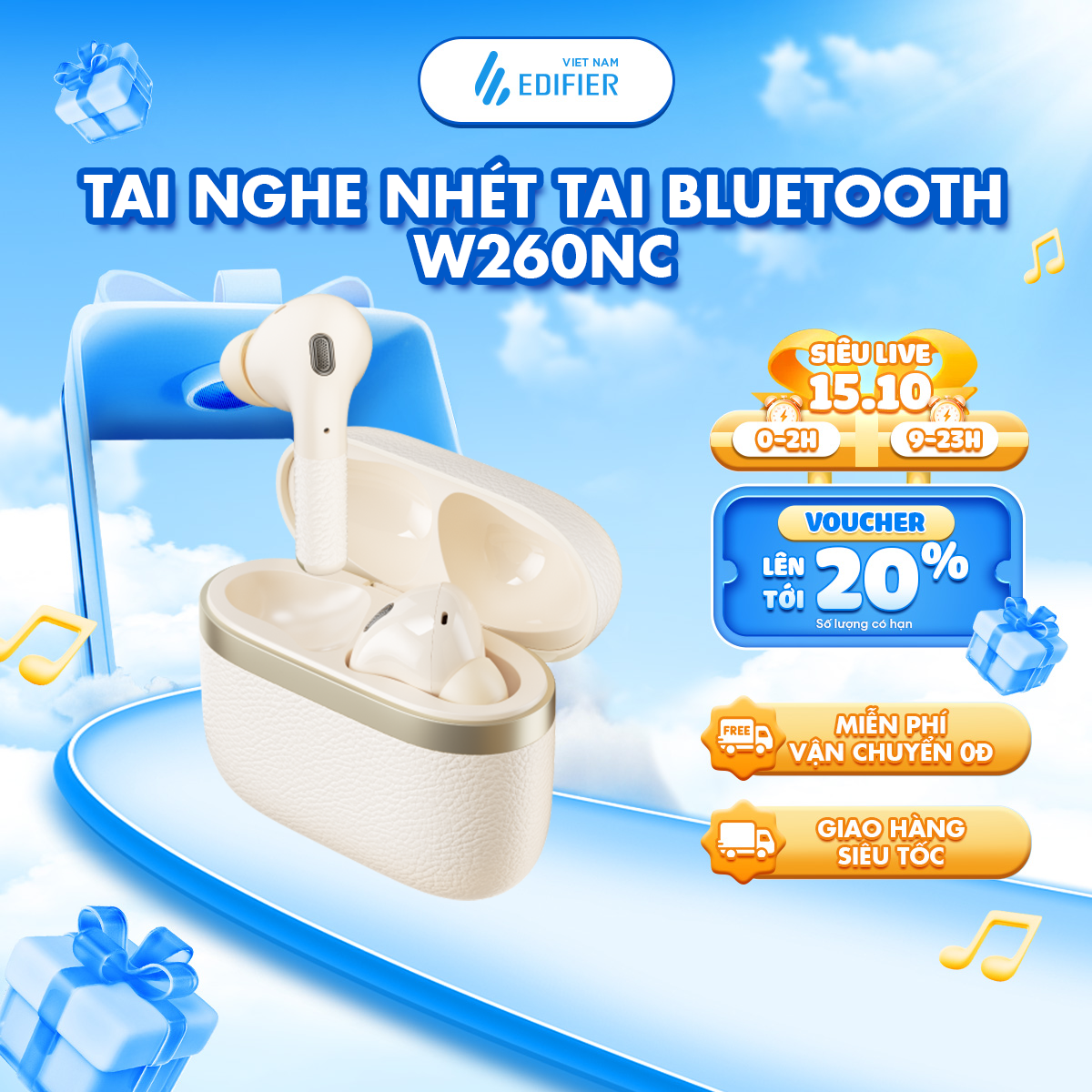 Tai nghe Bluetooth không dây EDIFIER W260NC | Khử ồn chủ động | Thời gian hoạt động lên tới 32H | Bảo hành 15 Tháng