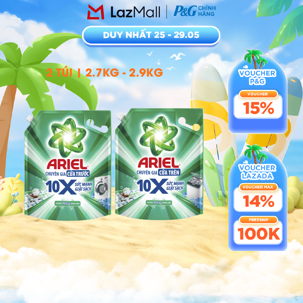 Combo 2 Nước Giặt Gel ARIEL 10X Sức Mạnh Giặt Sạch Chuyên Gia Cửa Trước - Cửa Trên Hương Downy Nắng Sớm Túi 2.7KG/ 2.9KG