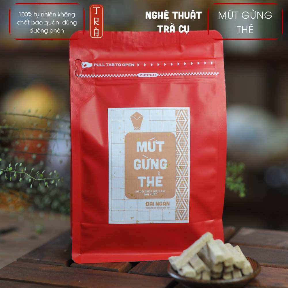Mứt gừng thẻ ngọt chùa làm, sản phẩm của chùa Bửu Lâm, Bình Thuận, đóng túi 50gram và 500gram