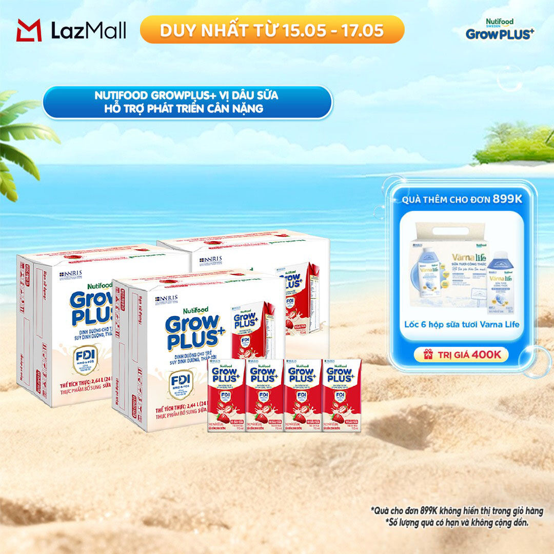 Combo 3 Thùng 24 hộp Sữa bột pha sẵn Nutifood GrowPLUS+ Vị Dâu Sữa hộp 110ml - Hỗ trợ phát triển cân nặng