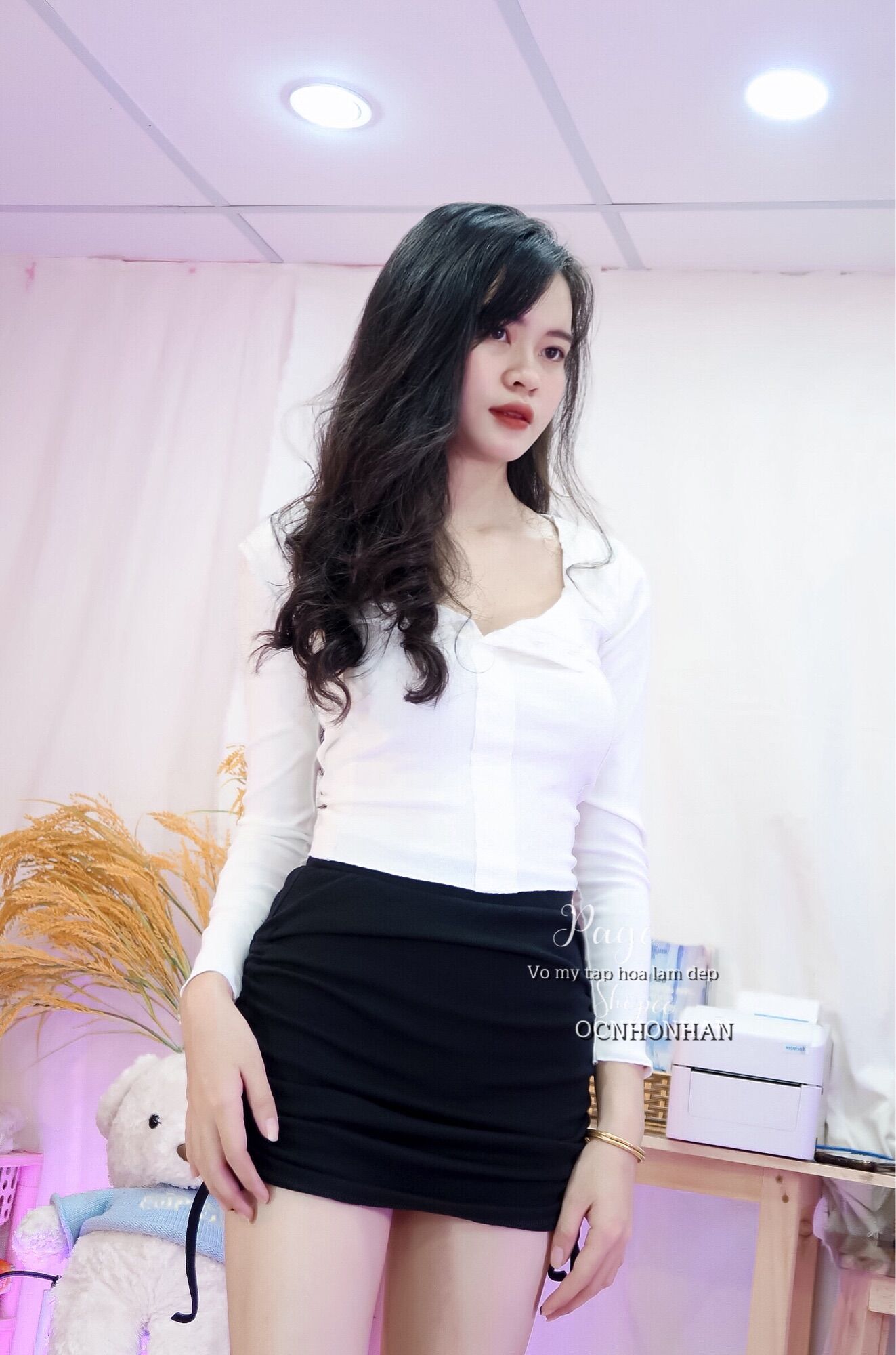 Set áo tay dài nút phối chân váy rút dây