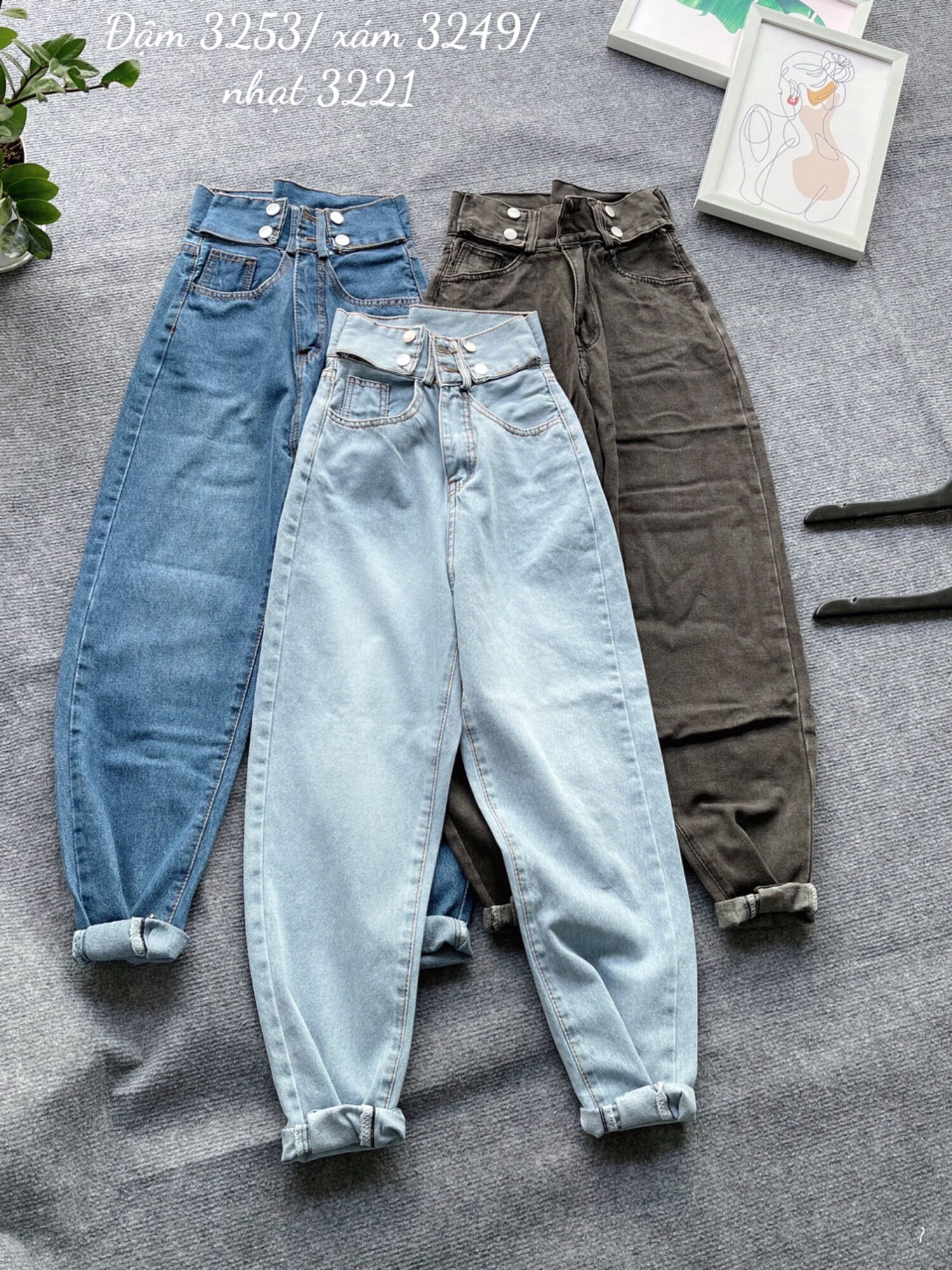 Baggy Jeans Lưng Cao 2 Nút Đai Nút