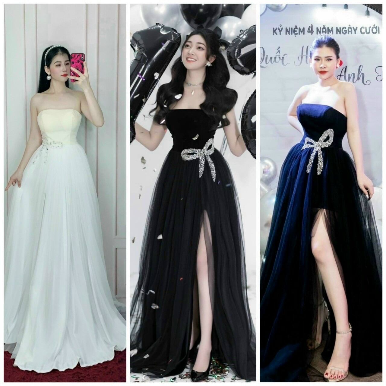 Đầm nhung cúp ngực xẻ đùi kết nơ đá