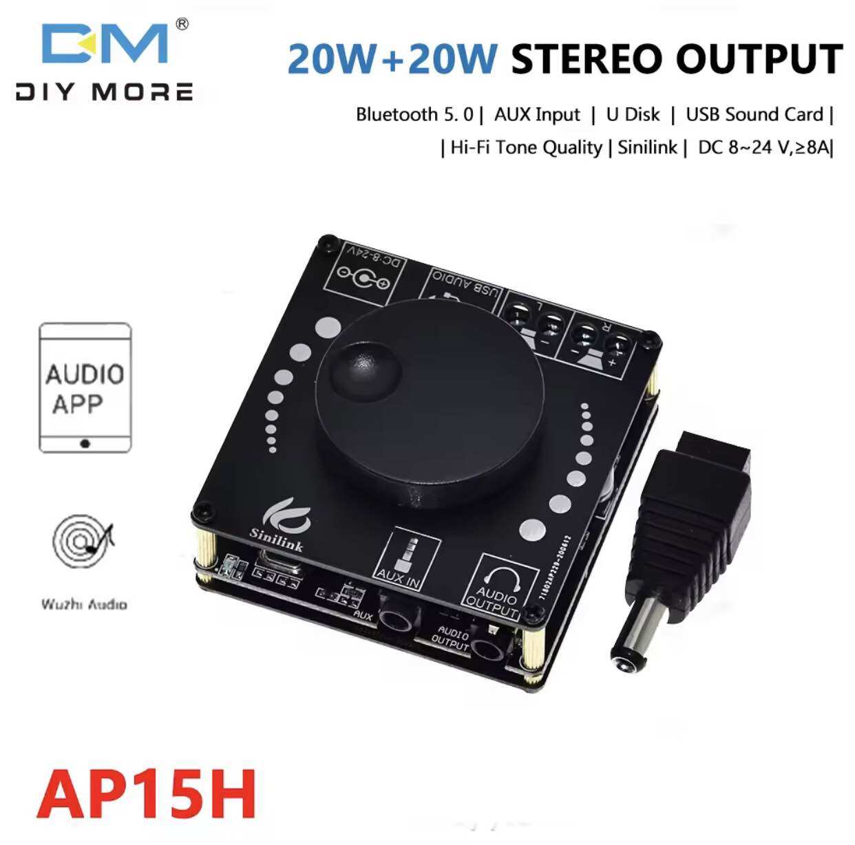 Bảng mạch khuếch đại công suất âm thanh nổi sinilink ap15h bluetooth 5.0 20w + 20w mô-đun bộ khuếch đại kỹ thuật số công suất