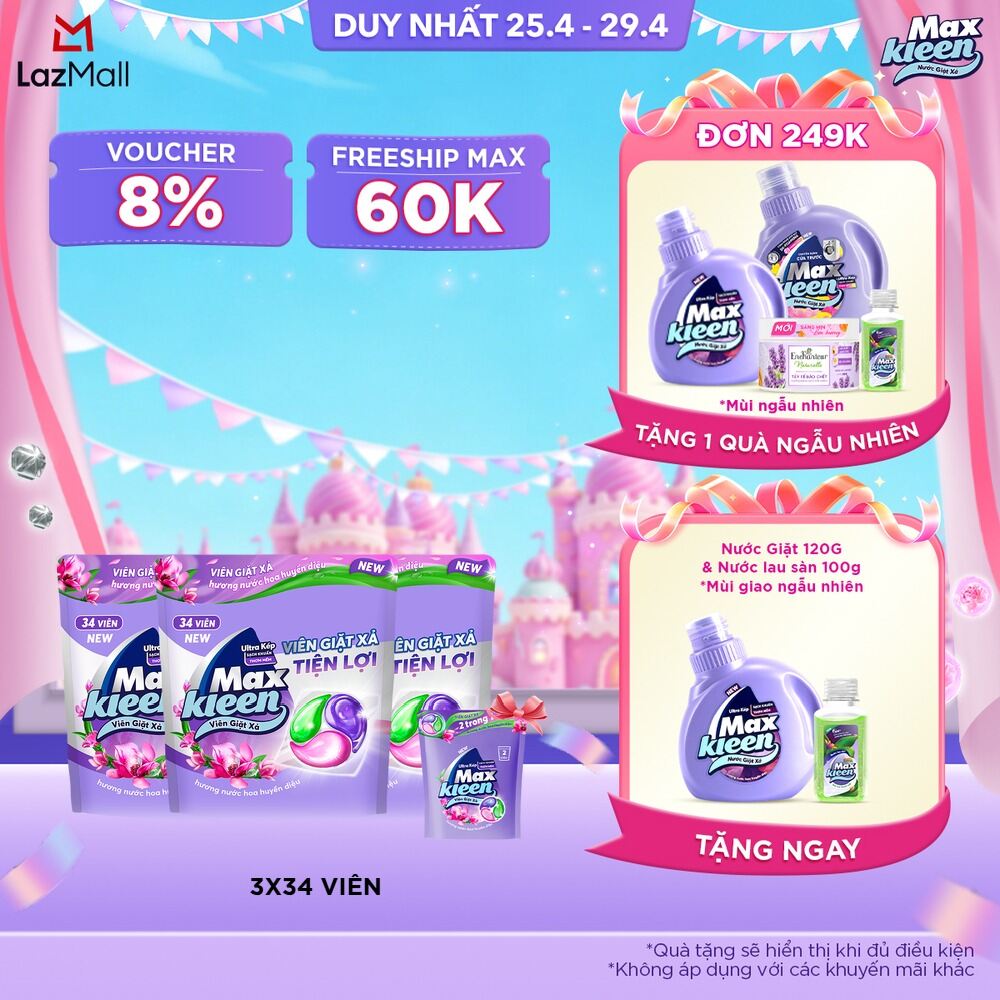 Combo 3 Túi Viên Giặt Xả MaxKleen  Hương Nước Hoa Huyền Diệu (Túi 34+4 Viên)