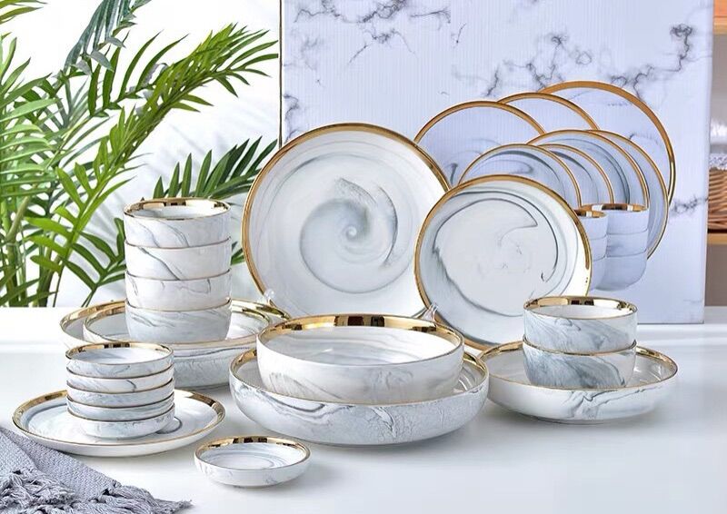 Bộ chén , đĩa , bát ăn cao cấp ghi vân đá 32 chi tiết