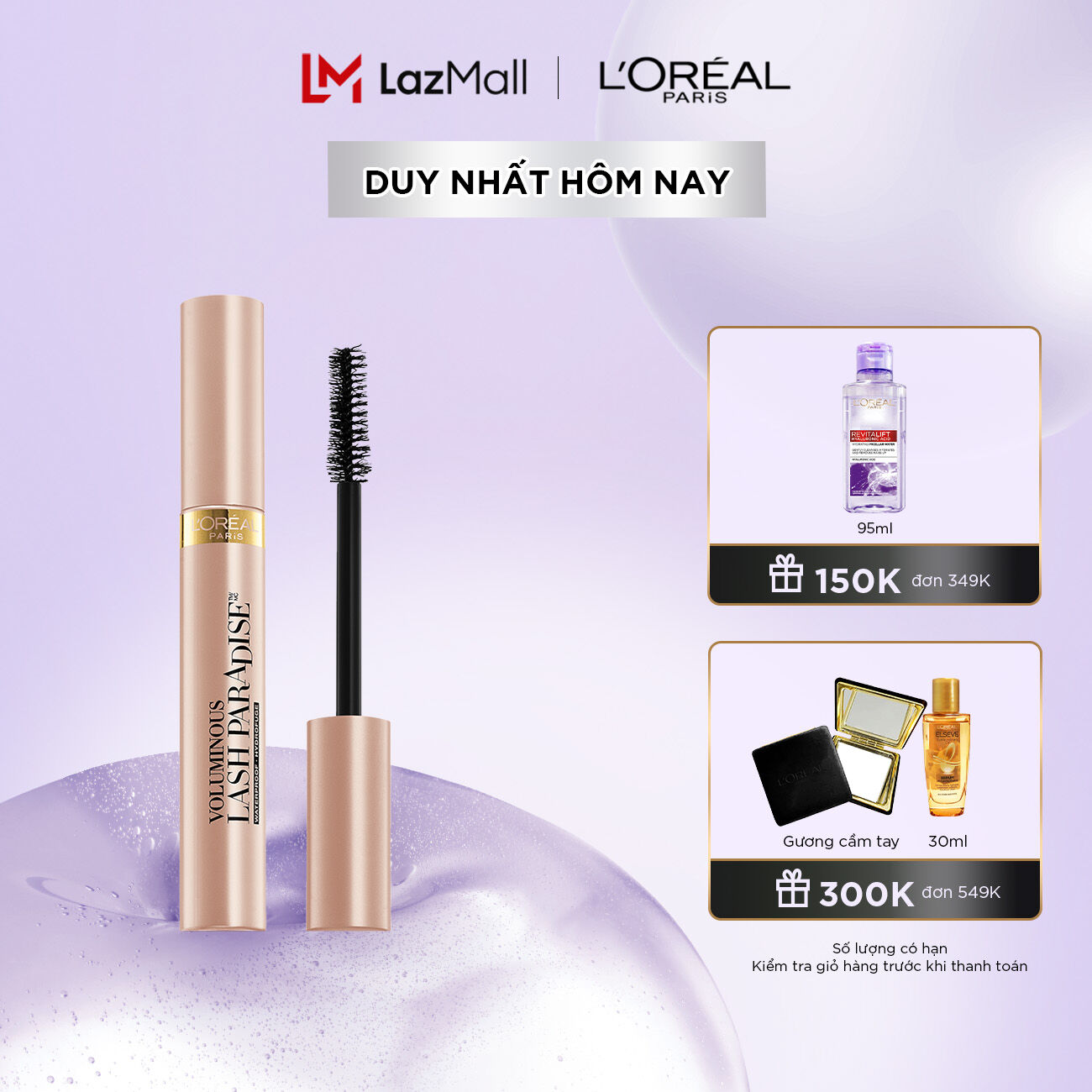Mascara dày và dài mi Lash Paradise L’Oreal Paris 7.6ml nhanh khô, không lem, bền màu, mang đến hàng mi cong và dày