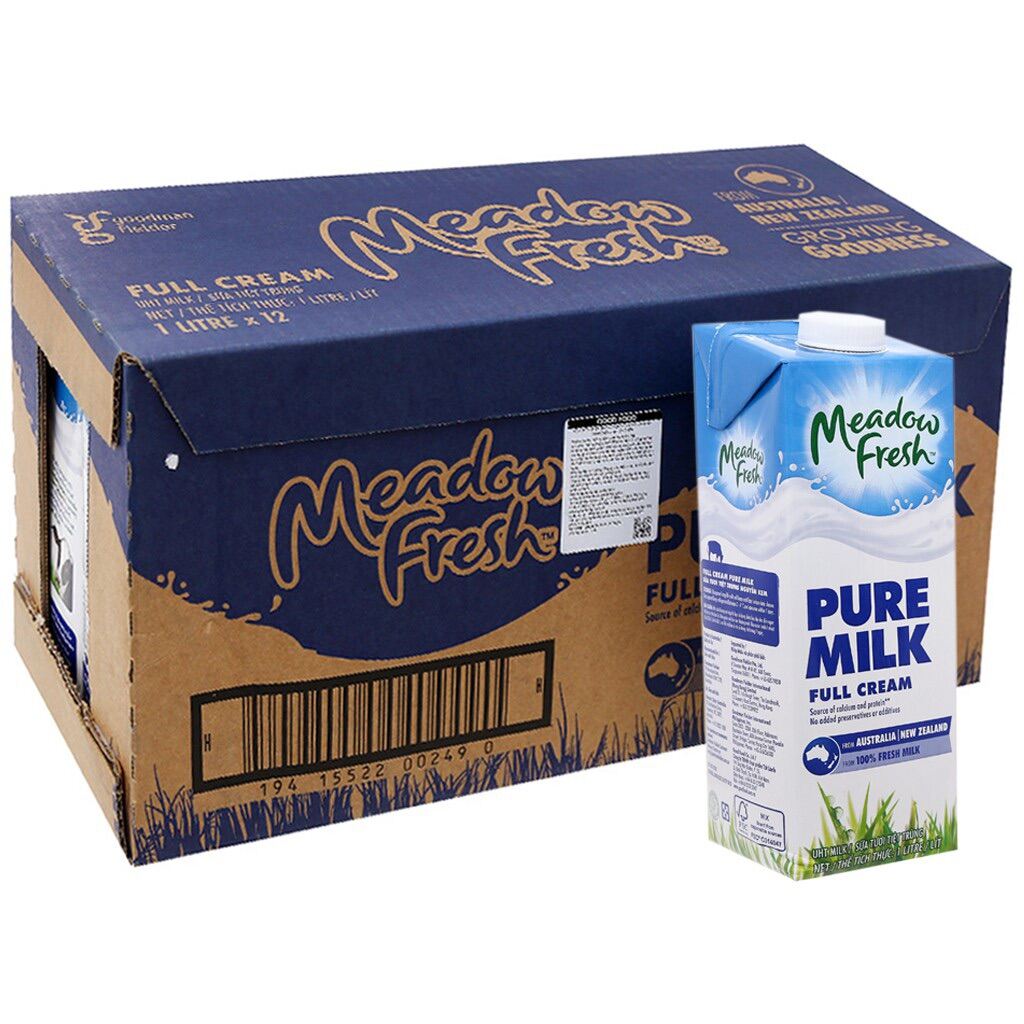Thùng Sữa tươi Meadow Fresh Pure Milk Nguyên Kem 1L không đường - 12 hộp