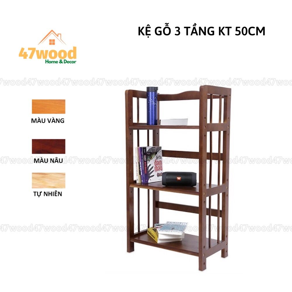 Kệ gỗ 3 tầng 50cm gỗ cao su - Kệ sách gỗ 47wood