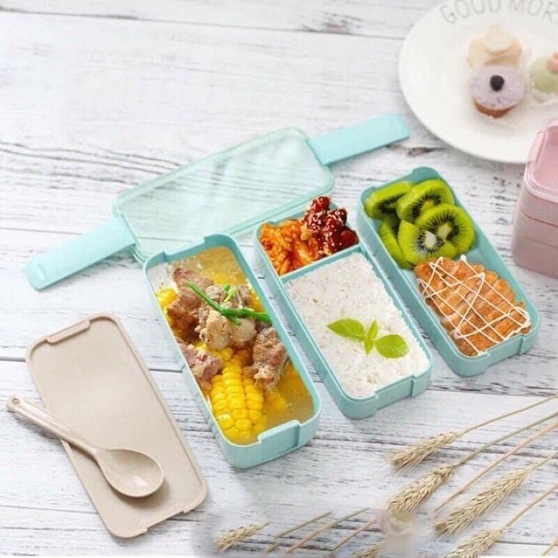 Hộp cơm 3 tầng lúa mạch kèm thìa,dĩa