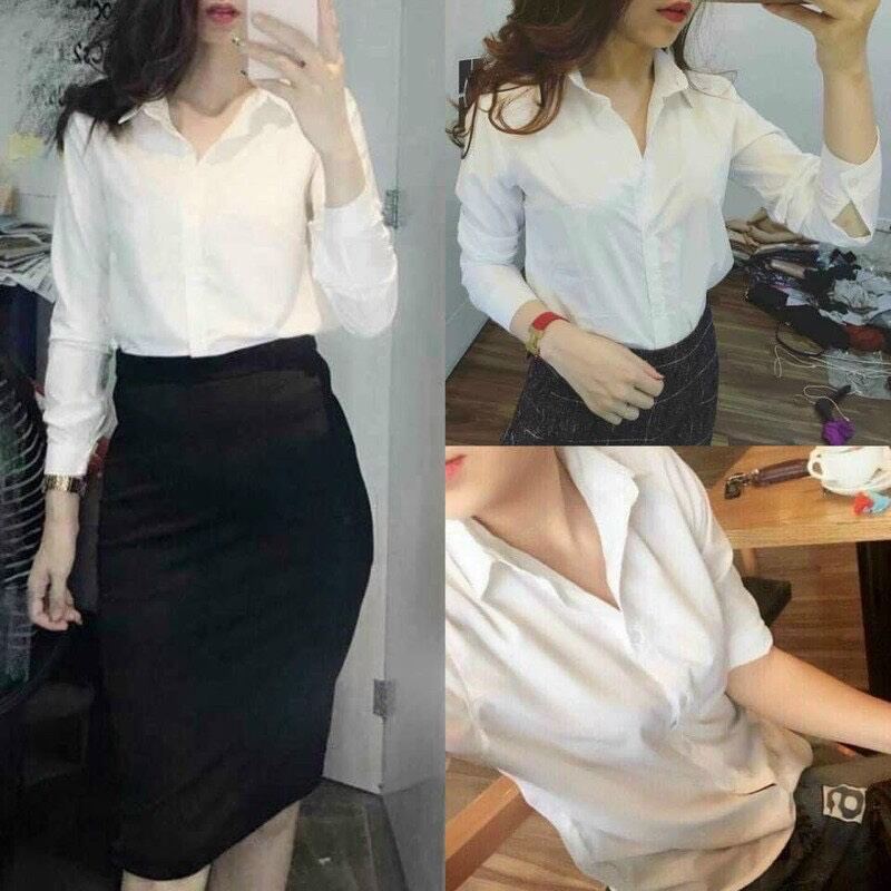 Áo sơ mi nữ Uniqlo trắng basic hàng đẹp cộc, dài tay