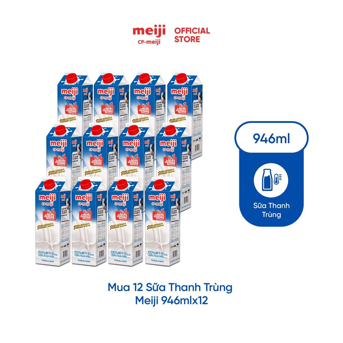 Sữa tươi thanh trùng Meiji nguyên chất 946ml - Thùng 12 hộp