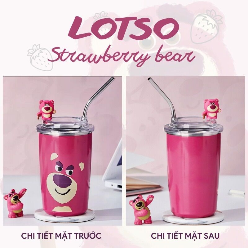 Ly cốc giữ nhiệt hoạ tiết gấu dâu losto siêu xinh lõi inox 304 chống gỉ 450ml