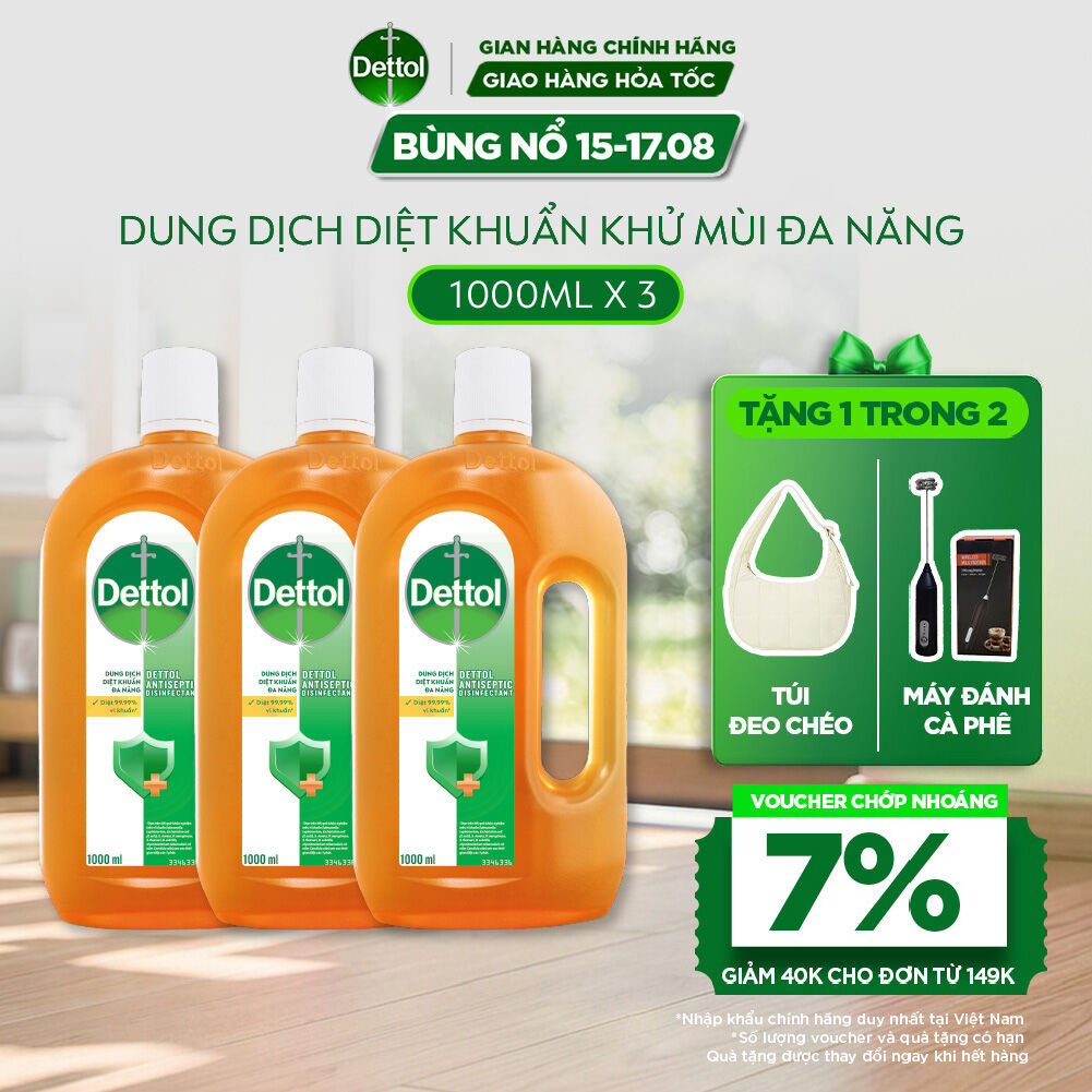 Combo 3 Chai Dung Dịch Diệt Khuẩn Khử Mùi Đa Năng Dettol, chai 1L