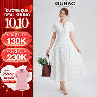 [MUA 2 GIẢM 130K] Đầm Nữ GUMAC Đầm Hoa Form A Xòe Cổ Tròn Cột Nơ Tay Ngắn Chất Cotton Thêu 2 Lớp Có Túi Sườn Thanh Lịch LDG06098