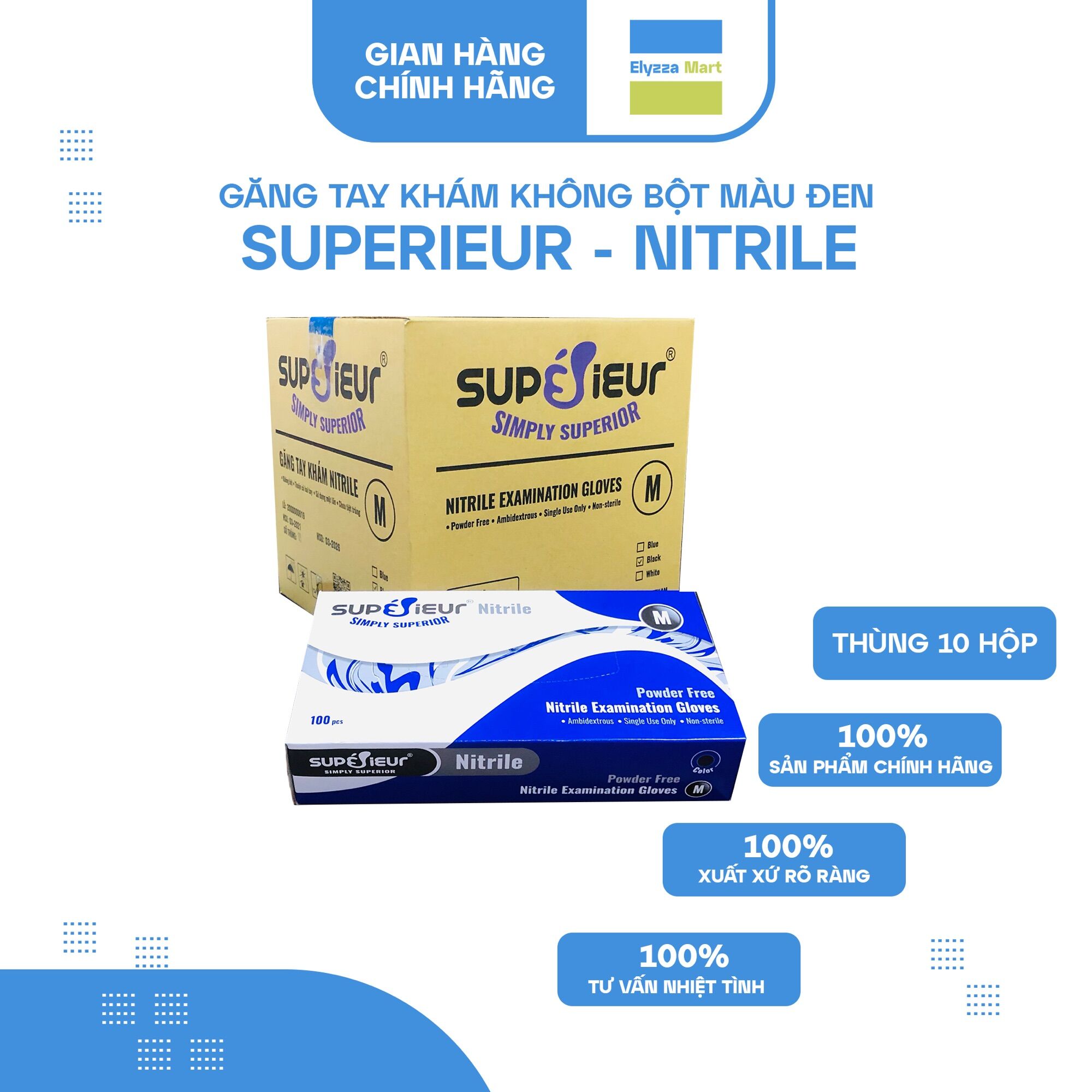 Thùng 10 hộp găng tay y tế không bột màu đen nitrile superieur