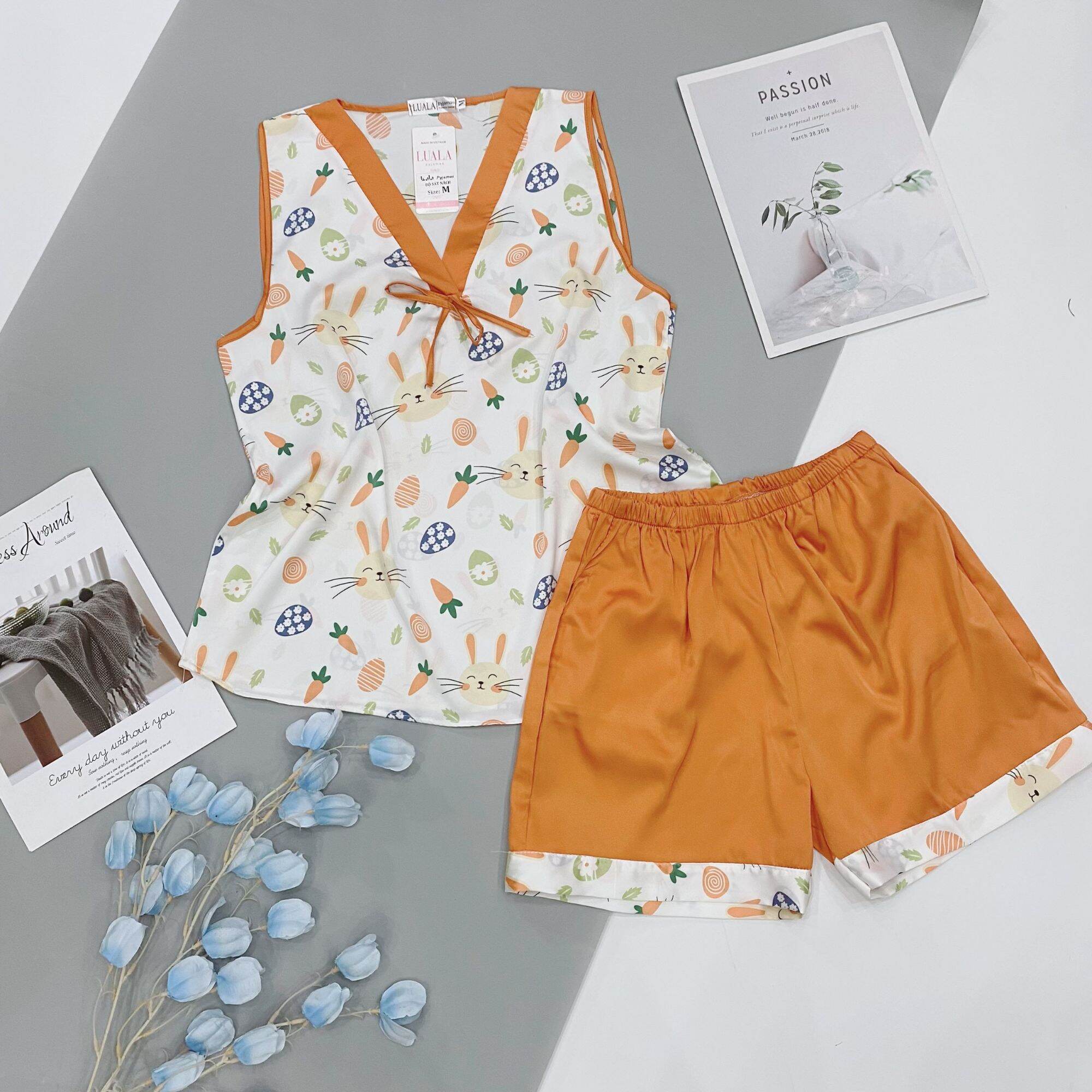 Bộ lụa satin sát nách Bộ đồ ngủ pijama đồ mặc nhà